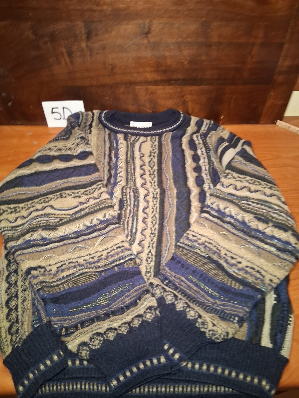 Norm Thompson Men's Multicolor Textured Crewneck Sweater - Navy and Tan Large